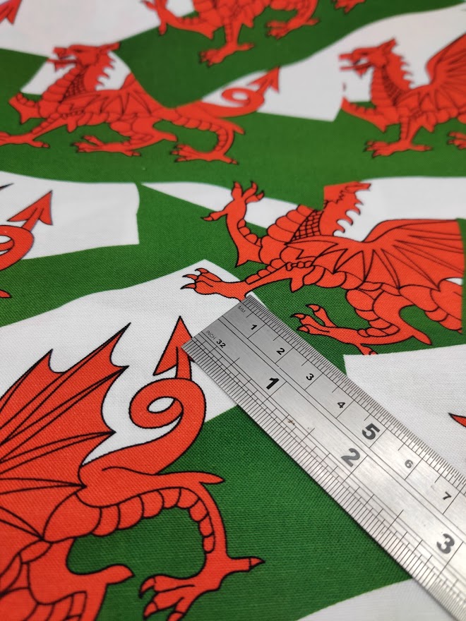 Cotton Rich Linen Look Fabric - Welsh Dragon Print Panel, Sold By The Metre (Multicoloured, Light Weight)